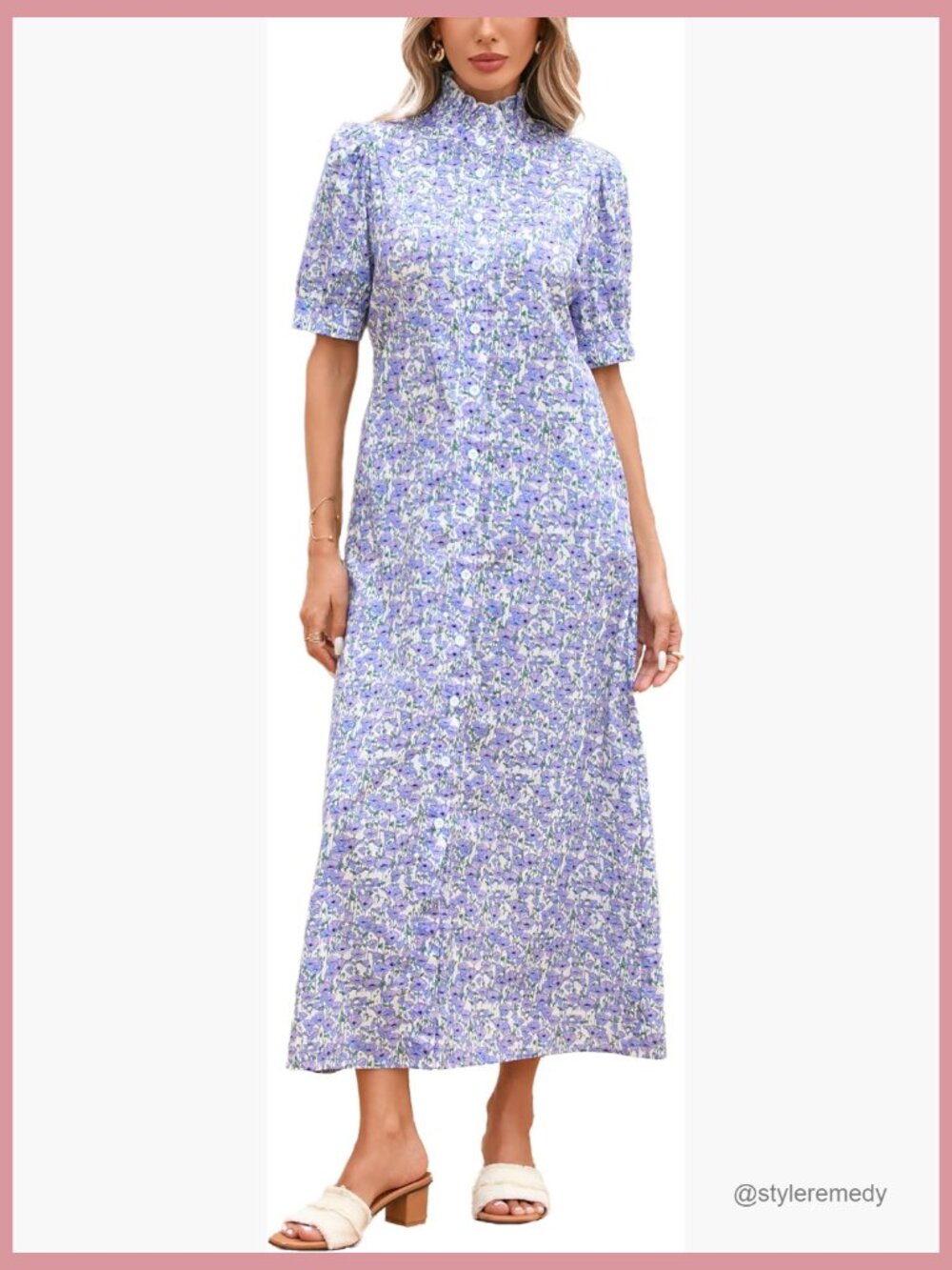 Floral Button Down Midi Dress with Puff Sleeves and Ruffle Collar